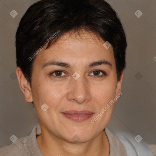 Joyful white adult female with short  brown hair and brown eyes