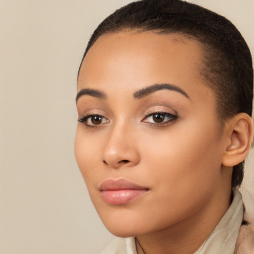 Joyful latino young-adult female with short  brown hair and brown eyes