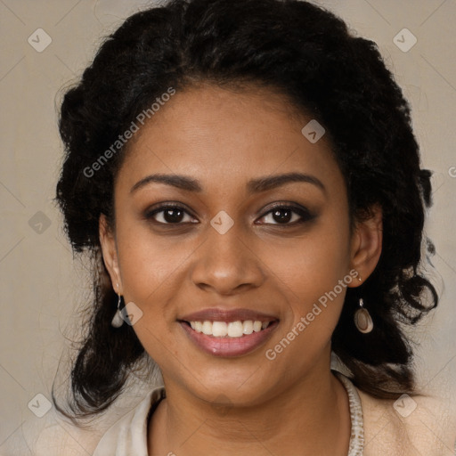 Joyful black young-adult female with long  brown hair and brown eyes