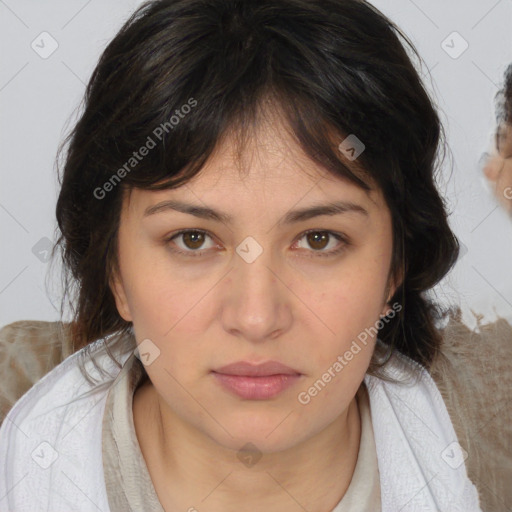 Neutral white young-adult female with medium  brown hair and brown eyes