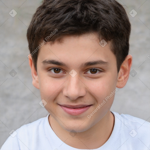 Joyful white child male with short  brown hair and brown eyes