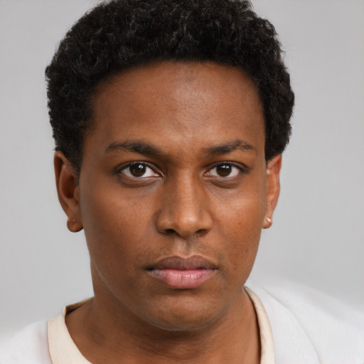 Neutral black young-adult male with short  brown hair and brown eyes