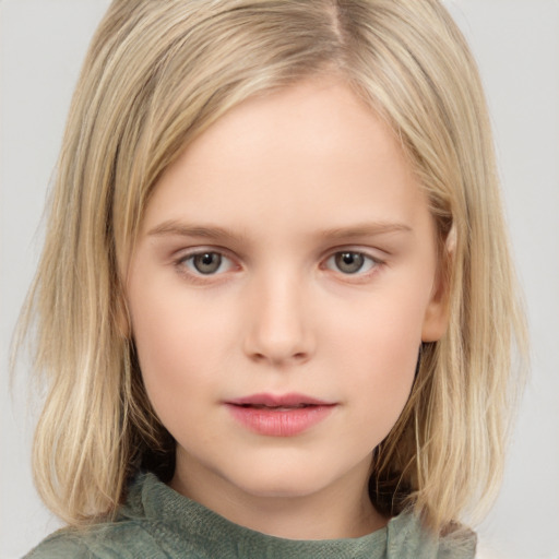 Neutral white child female with medium  brown hair and grey eyes