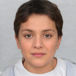 Neutral white young-adult female with short  brown hair and brown eyes