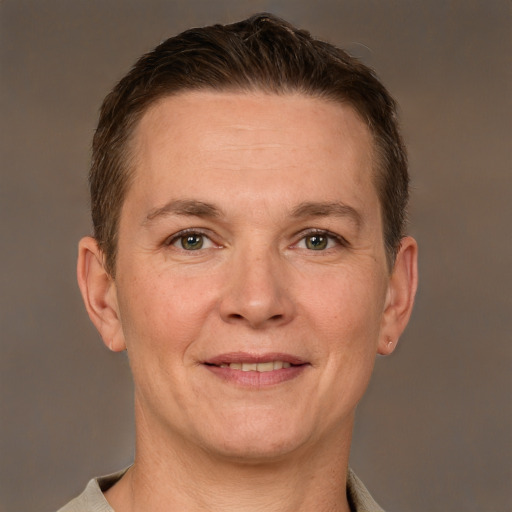 Joyful white adult male with short  brown hair and grey eyes