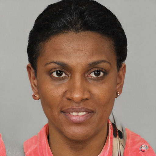 Joyful black young-adult female with short  black hair and brown eyes