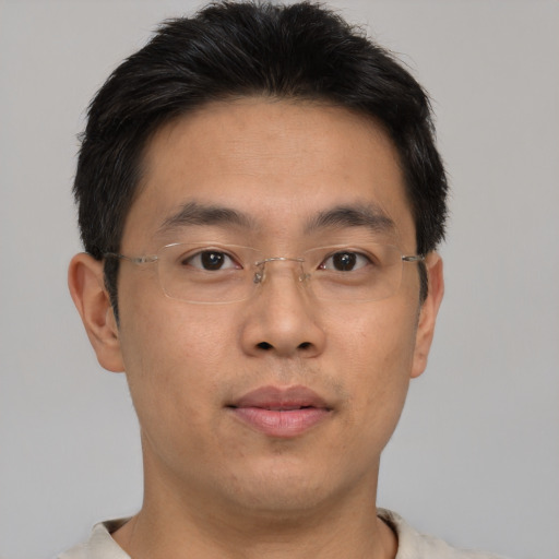 Neutral asian young-adult male with short  brown hair and brown eyes