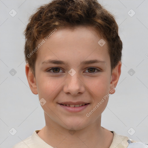 Joyful white child male with short  brown hair and brown eyes