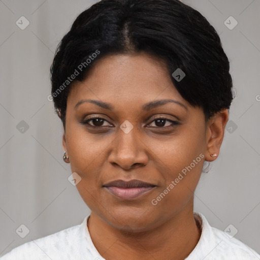 Joyful asian young-adult female with short  black hair and brown eyes