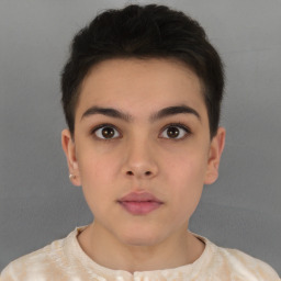 Neutral white young-adult female with short  brown hair and brown eyes