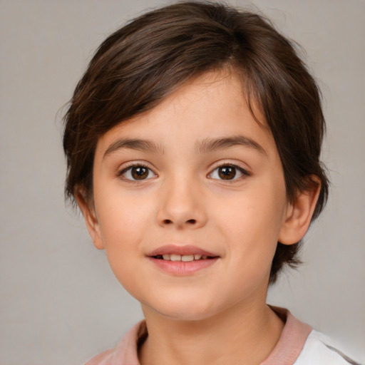 Joyful white child female with medium  brown hair and brown eyes