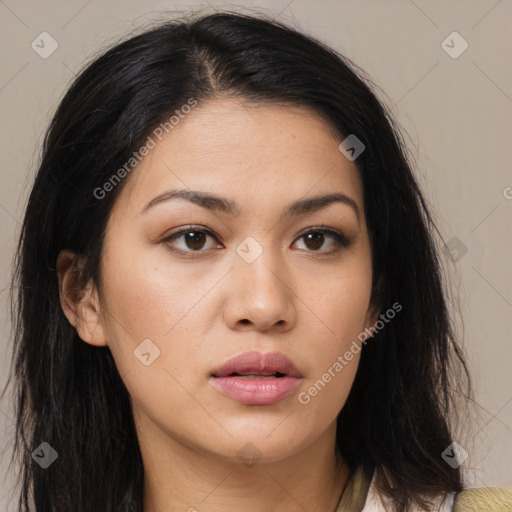 Neutral asian young-adult female with long  brown hair and brown eyes