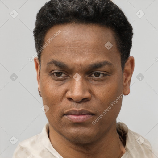Neutral black adult male with short  black hair and brown eyes