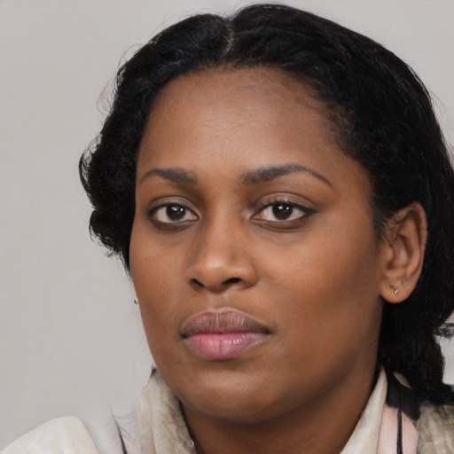 Joyful black young-adult female with medium  black hair and brown eyes