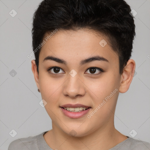 Joyful asian young-adult female with short  brown hair and brown eyes