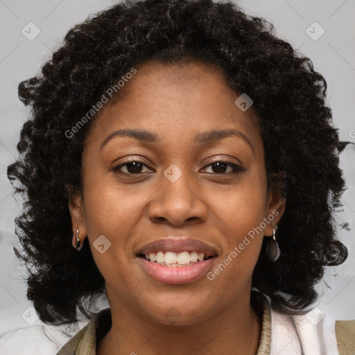 Joyful black young-adult female with long  brown hair and brown eyes