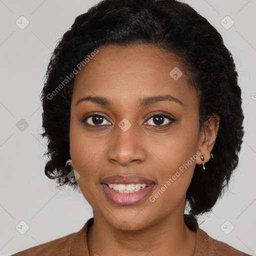 Joyful black young-adult female with medium  black hair and brown eyes