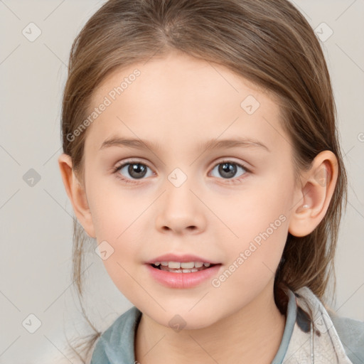 Joyful white child female with medium  brown hair and brown eyes