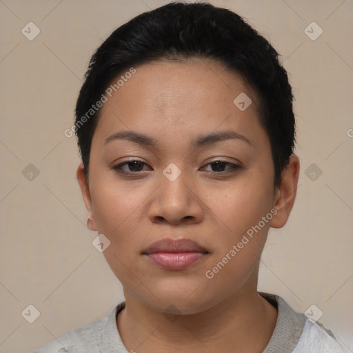 Joyful asian young-adult female with short  black hair and brown eyes