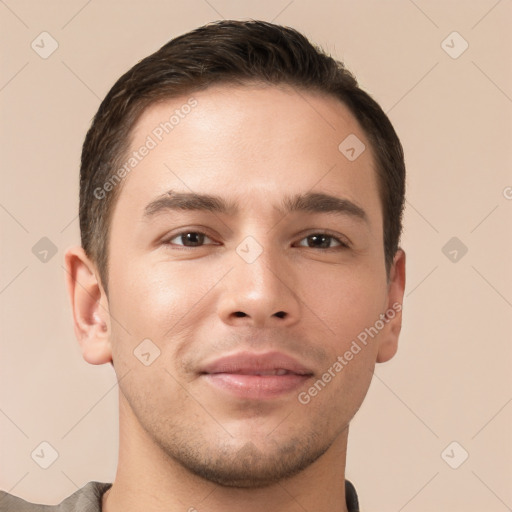 Neutral white young-adult male with short  brown hair and brown eyes