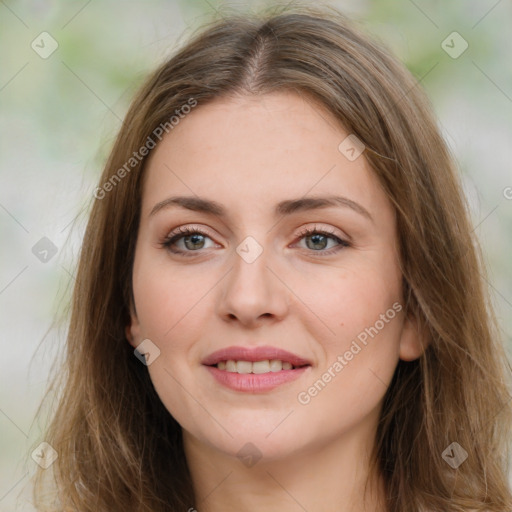 Joyful white young-adult female with long  brown hair and green eyes