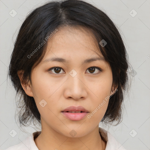 Neutral asian young-adult female with medium  brown hair and brown eyes