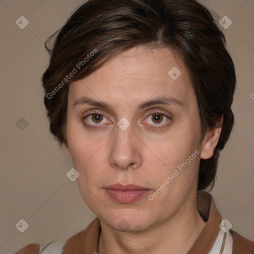 Neutral white young-adult female with medium  brown hair and brown eyes