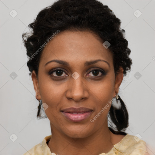 Joyful black young-adult female with medium  black hair and brown eyes