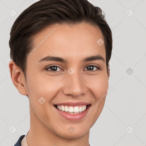 Joyful white young-adult female with short  brown hair and brown eyes