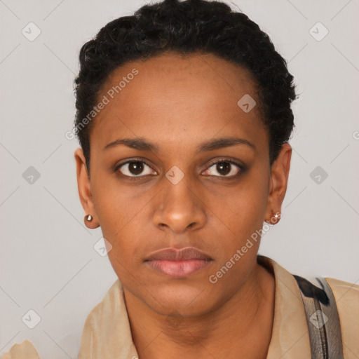 Neutral latino young-adult female with short  black hair and brown eyes