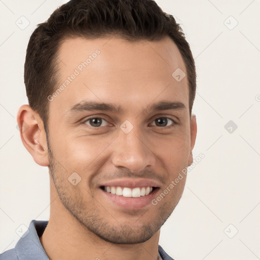 Joyful white young-adult male with short  brown hair and brown eyes