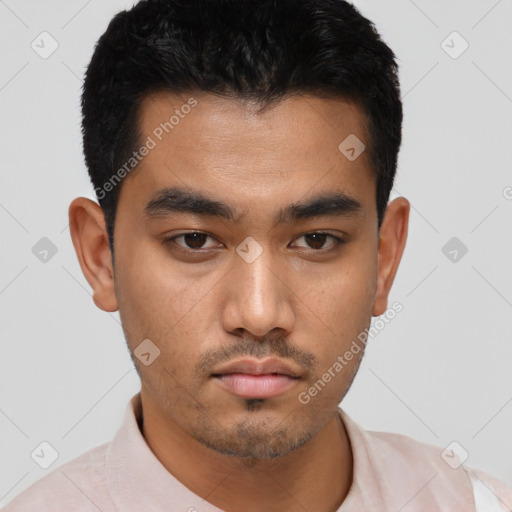 Neutral asian young-adult male with short  black hair and brown eyes