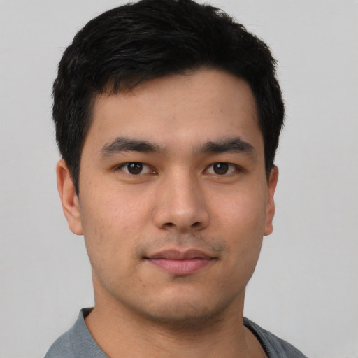 Neutral asian young-adult male with short  black hair and brown eyes