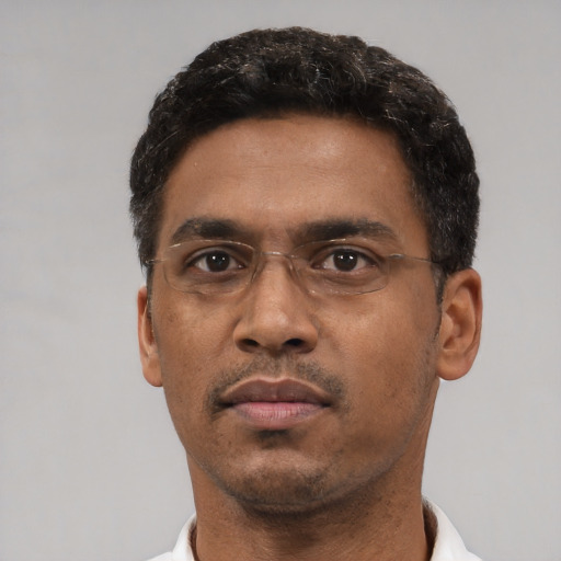 Neutral black young-adult male with short  black hair and brown eyes