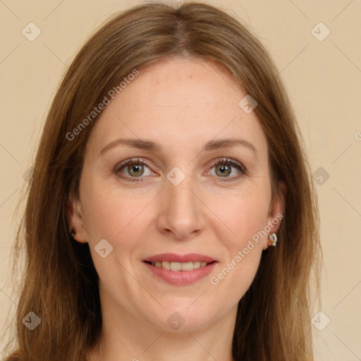 Joyful white young-adult female with long  brown hair and green eyes