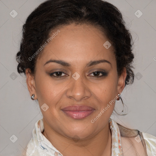 Joyful latino adult female with medium  brown hair and brown eyes