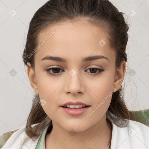 Joyful white child female with medium  brown hair and brown eyes