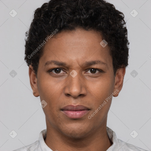 Neutral white young-adult female with short  brown hair and brown eyes