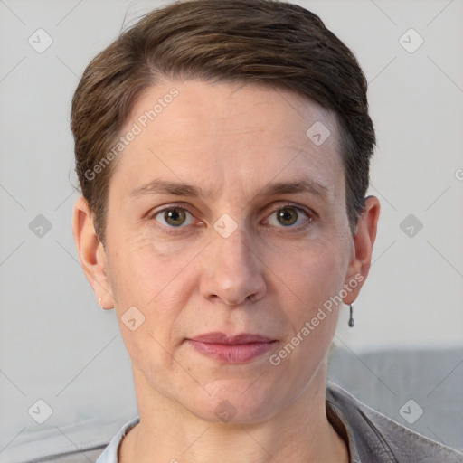 Joyful white adult male with short  brown hair and grey eyes