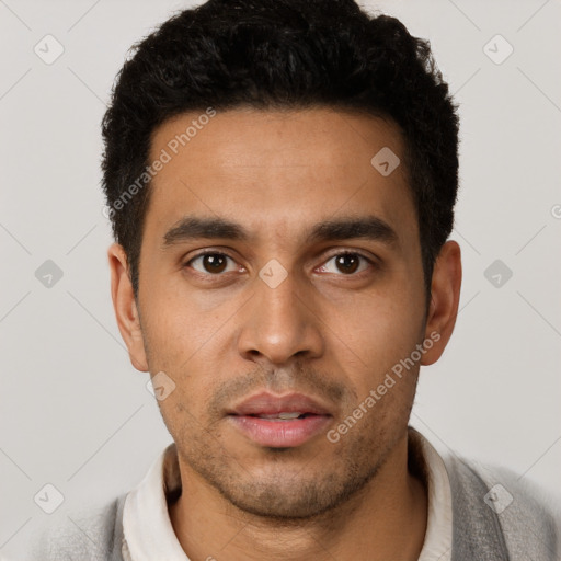 Neutral latino young-adult male with short  black hair and brown eyes