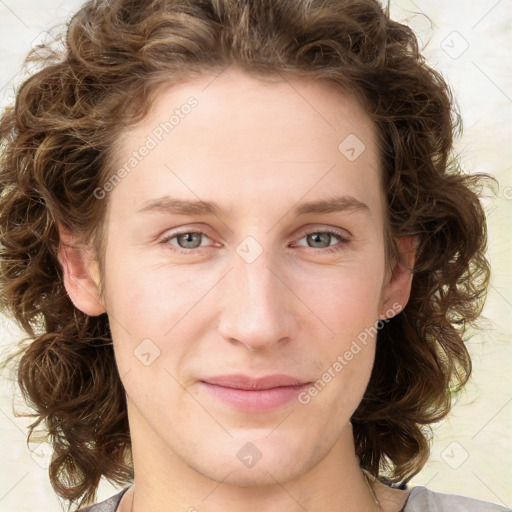 Joyful white young-adult female with medium  brown hair and green eyes