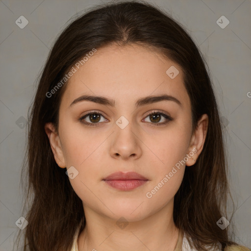 Neutral white young-adult female with medium  brown hair and brown eyes