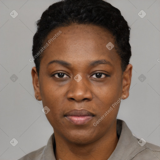 Neutral black young-adult female with short  black hair and brown eyes