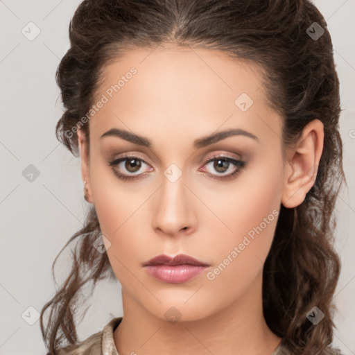 Neutral white young-adult female with medium  brown hair and brown eyes