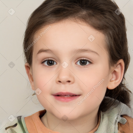 Joyful white child female with medium  brown hair and brown eyes