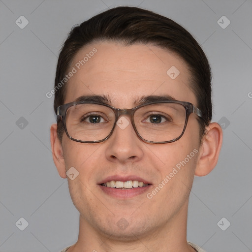 Joyful white young-adult male with short  brown hair and brown eyes