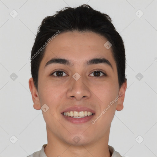 Joyful white young-adult male with short  black hair and brown eyes