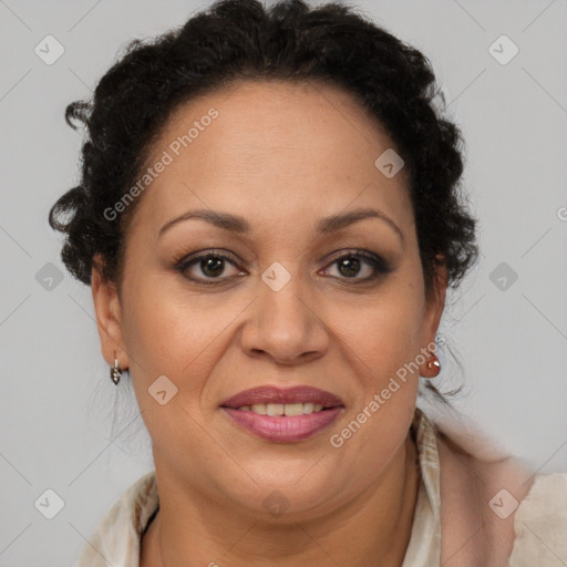 Joyful latino adult female with short  brown hair and brown eyes