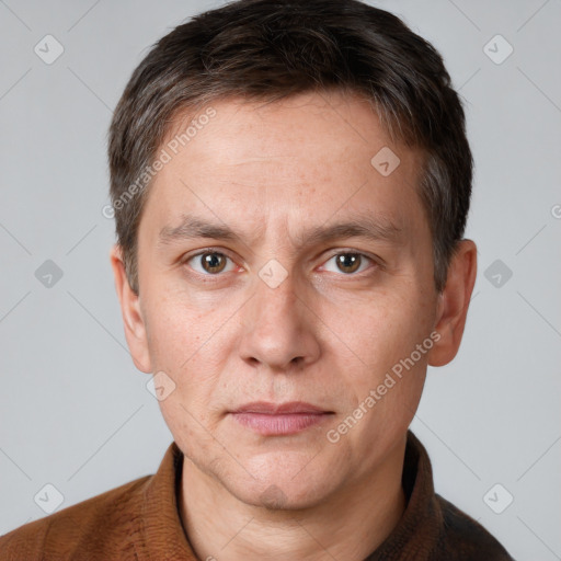 Neutral white adult male with short  brown hair and brown eyes