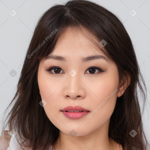 Neutral asian young-adult female with medium  brown hair and brown eyes